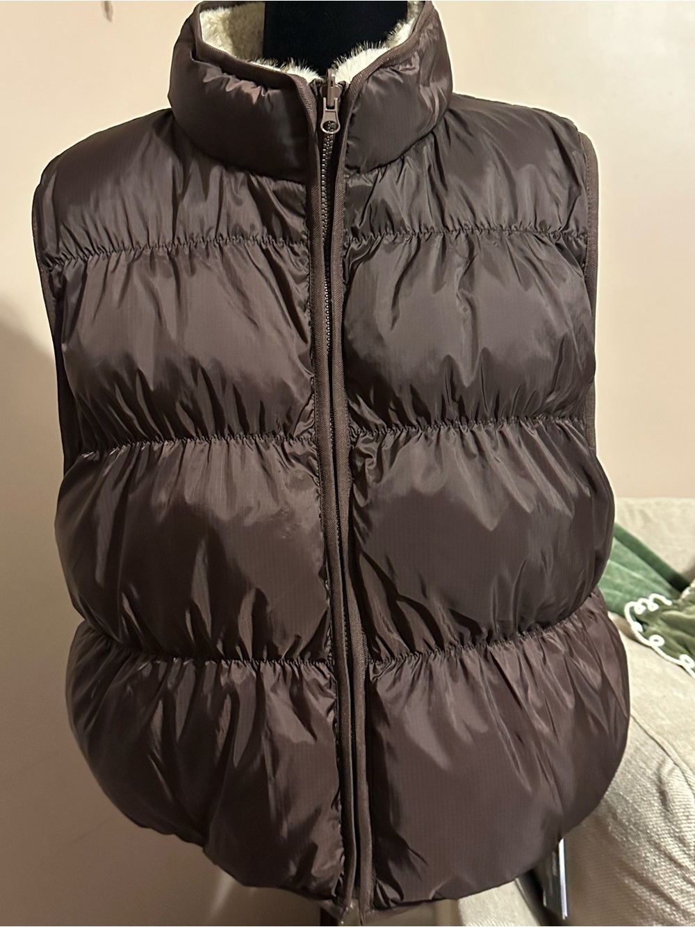 Woman’s Reversible Brown/Faux Fur Puffer Vest with Pockets
